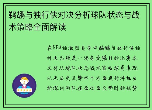 鹈鹕与独行侠对决分析球队状态与战术策略全面解读